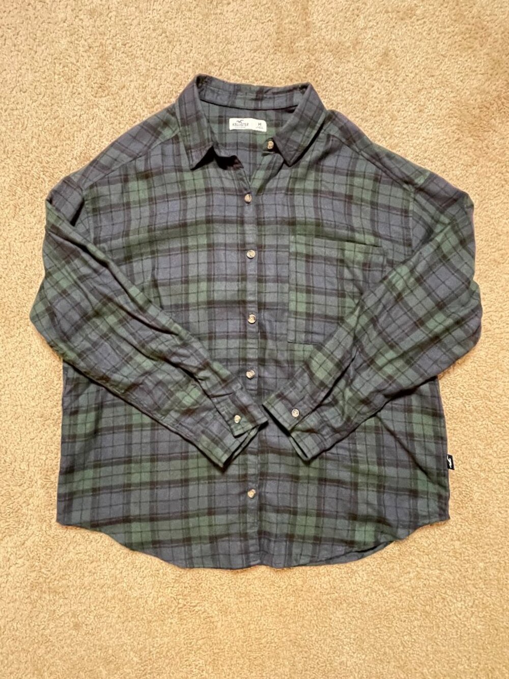 Hollister Dark Green Easy Plaid Flannel Button-Through Shirt